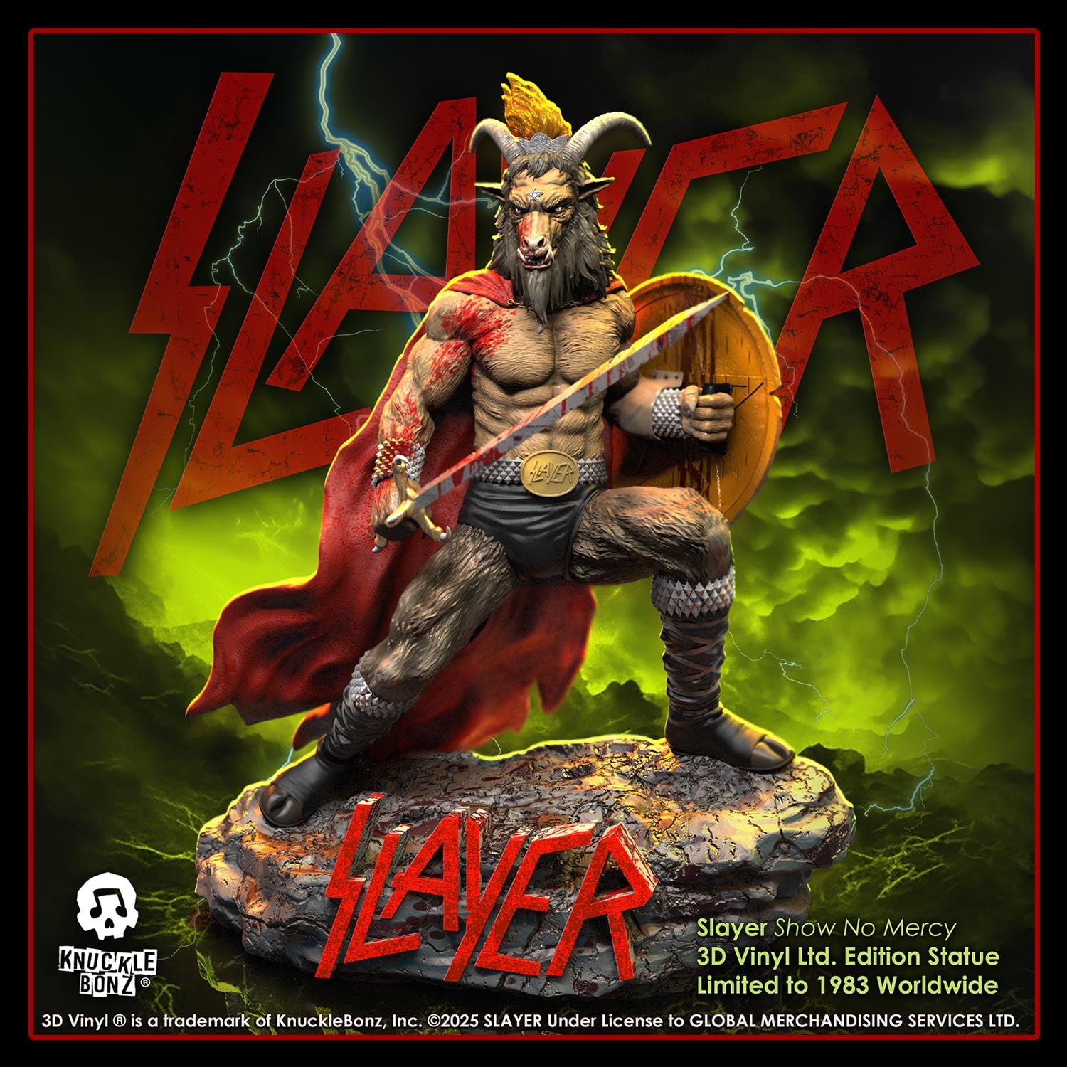 Statue of the Slayer Show No Mercy statue with a sword and shield, set against a Slayer logo background.